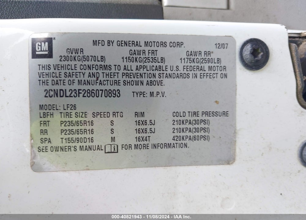 2008 CHEVROLET EQUINOX LS VIN: 2CNDL23F286070893