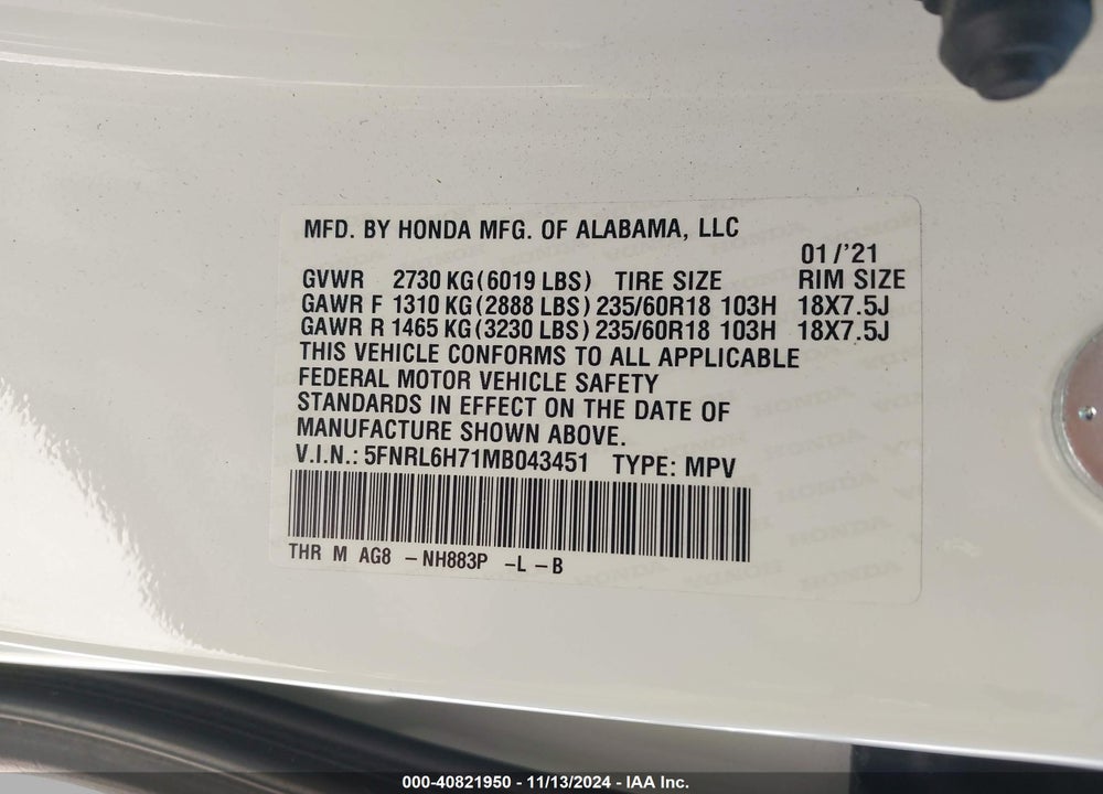 2021 HONDA ODYSSEY EX-L VIN: 5FNRL6H71MB043451