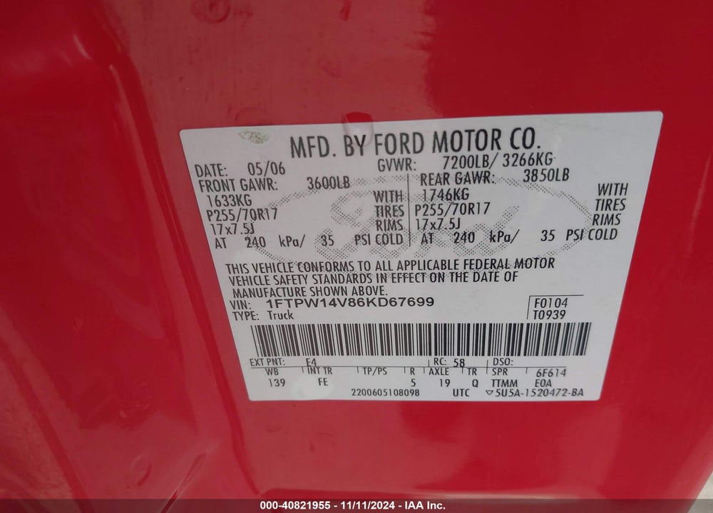 2006 FORD F-150 FX4/LARIAT/XLT VIN: 1FTPW14V86KD67699