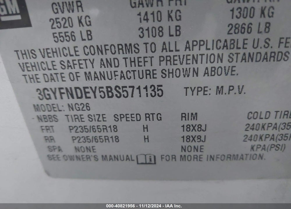 2011 CADILLAC SRX LUXURY COLLECTION VIN: 3GYFNDEY5BS571135