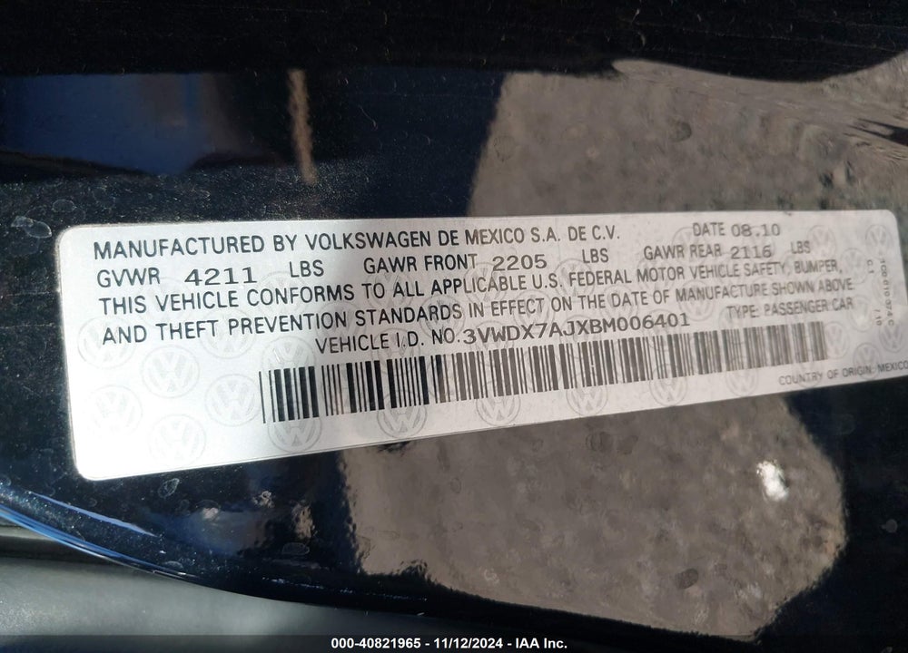 2011 VOLKSWAGEN JETTA 2.5L SE VIN: 3VWDX7AJXBM006401