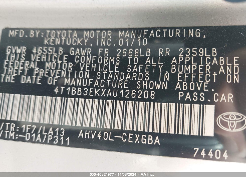 2010 TOYOTA CAMRY HYBRID VIN: 4T1BB3EKXAU126208