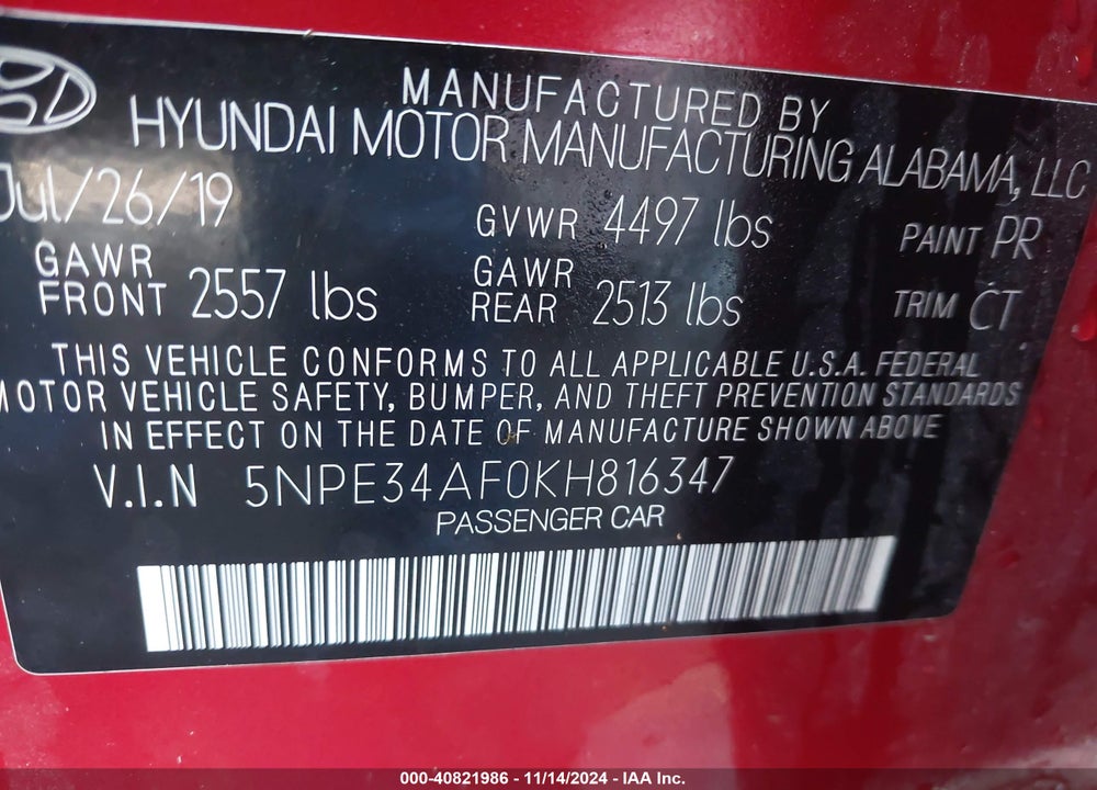 2019 HYUNDAI SONATA SPORT VIN: 5NPE34AF0KH816347