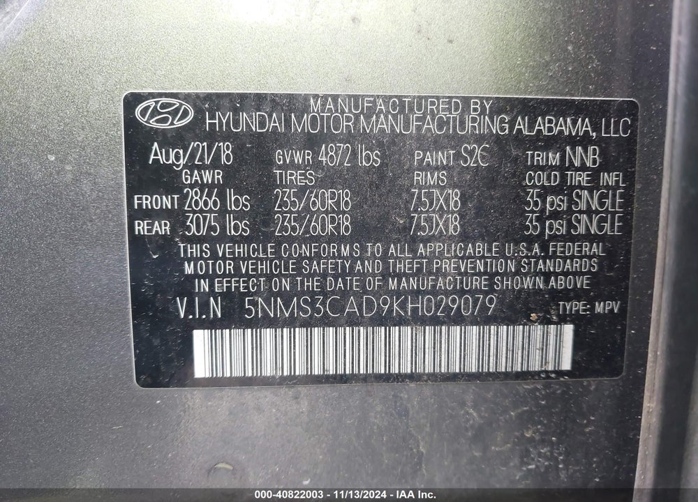 2019 HYUNDAI SANTA FE SEL PLUS VIN: 5NMS3CAD9KH029079