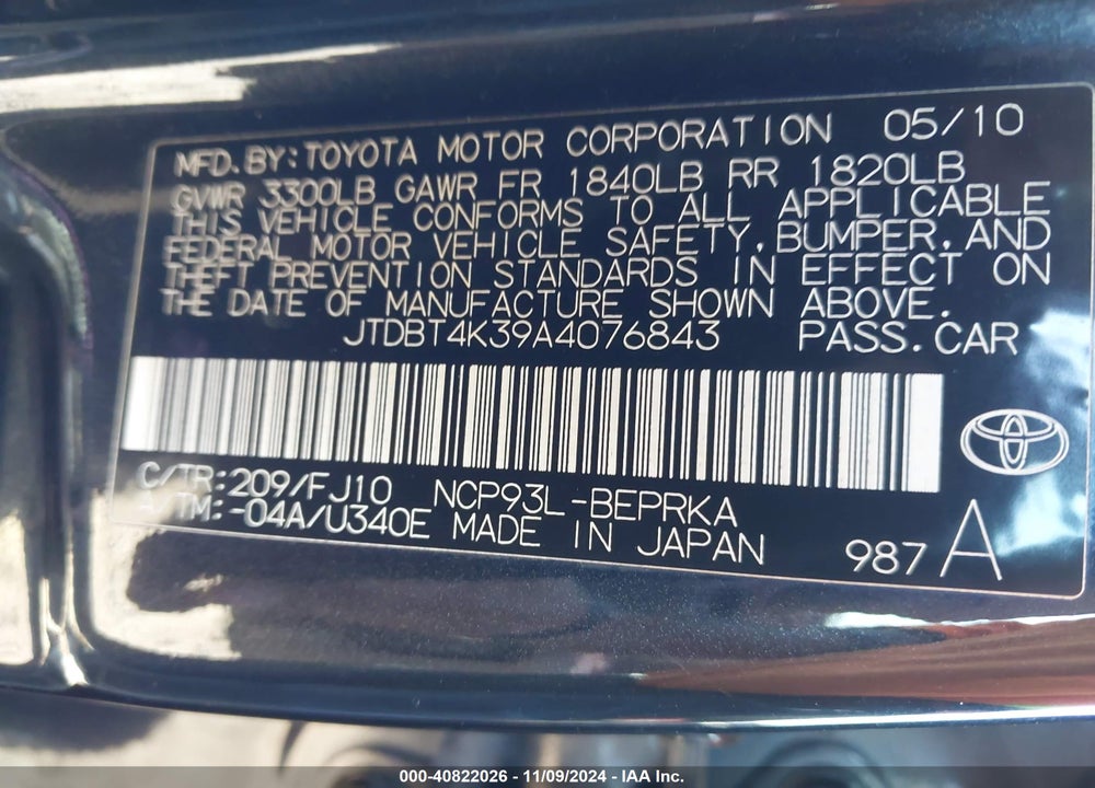 2010 TOYOTA YARIS VIN: JTDBT4K39A4076843