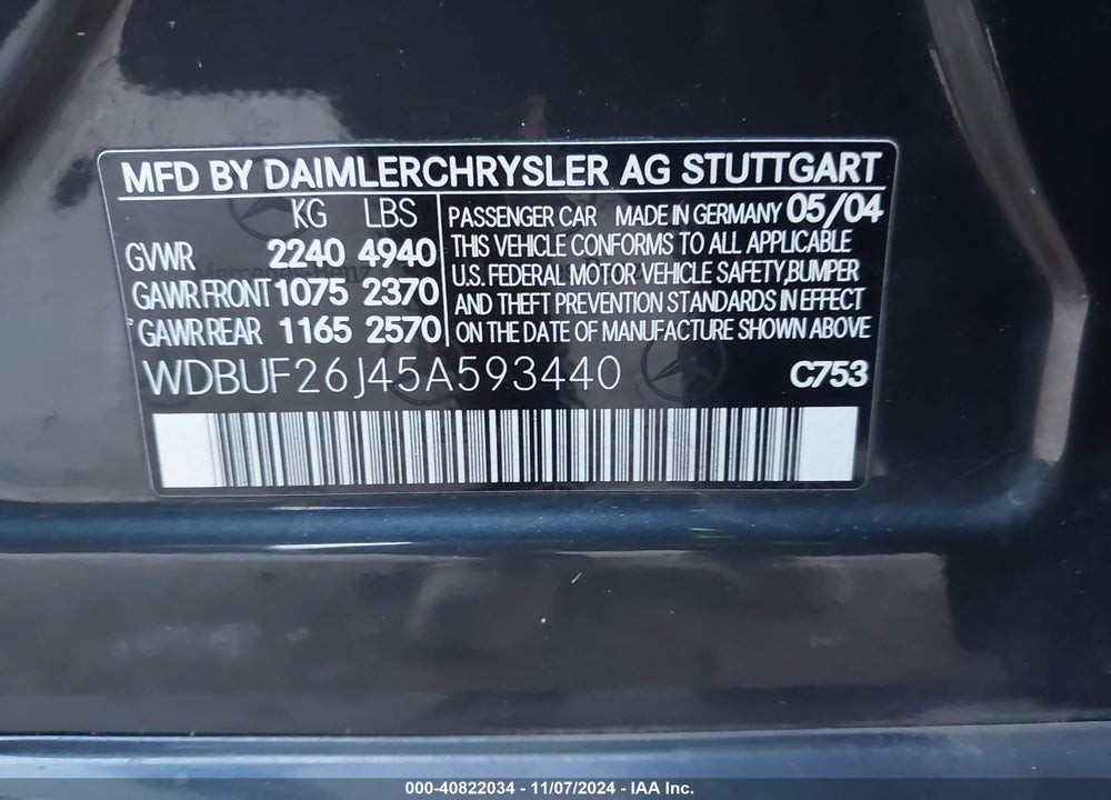 2005 MERCEDES-BENZ E 320 CDI VIN: WDBUF26J45A593440