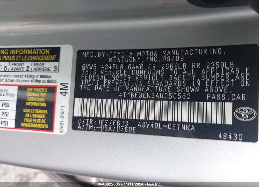 2010 TOYOTA CAMRY LE VIN: 4T1BF3EK3AU050562