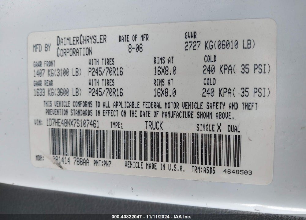2007 DODGE DAKOTA SLT VIN: 1D7HE48NX7S107461