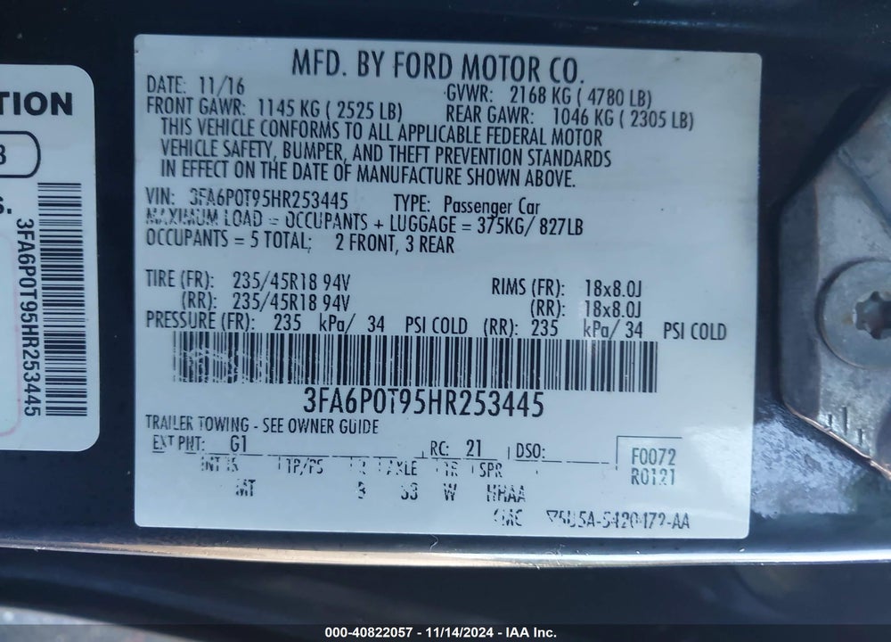 2017 FORD FUSION SE VIN: 3FA6P0T95HR253445