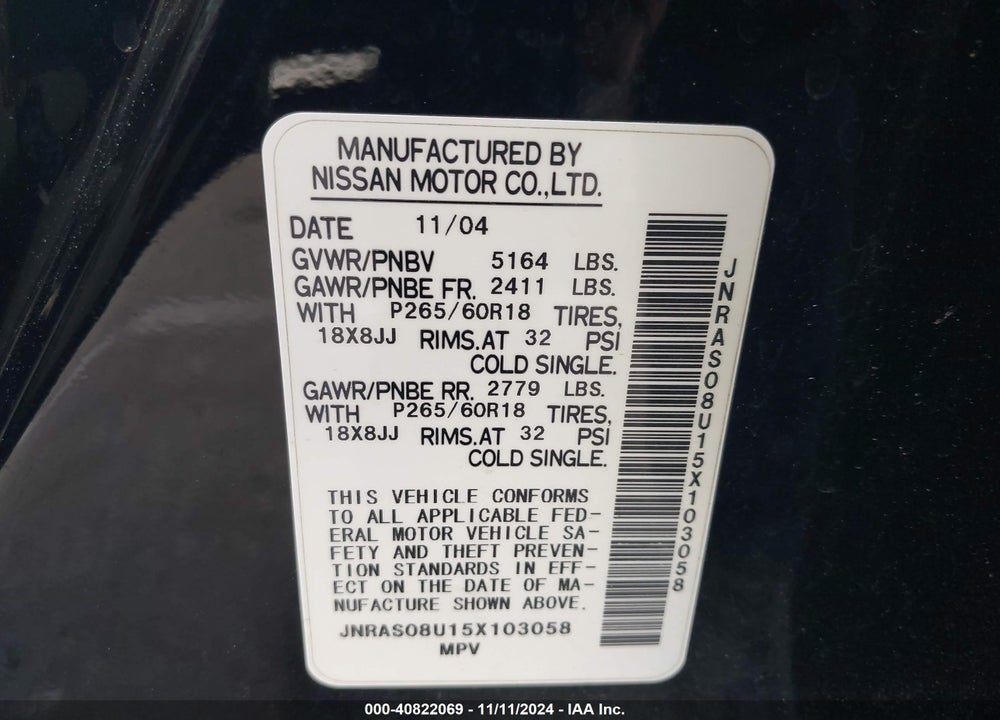 2005 INFINITI FX35 VIN: JNRAS08U15X103058
