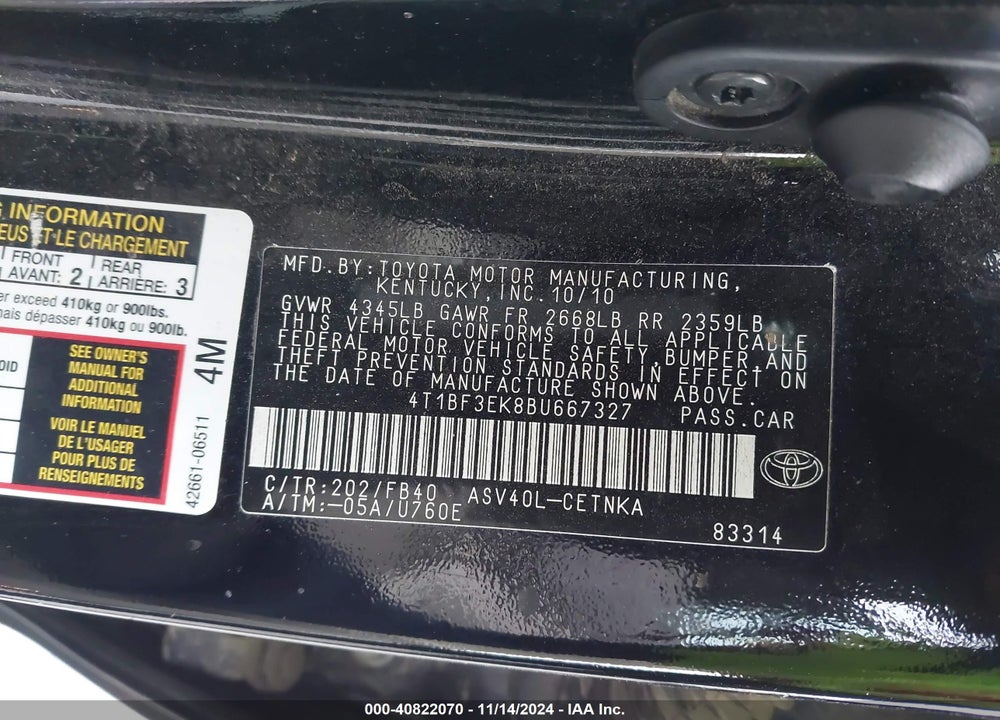 2011 TOYOTA CAMRY LE VIN: 4T1BF3EK8BU667327