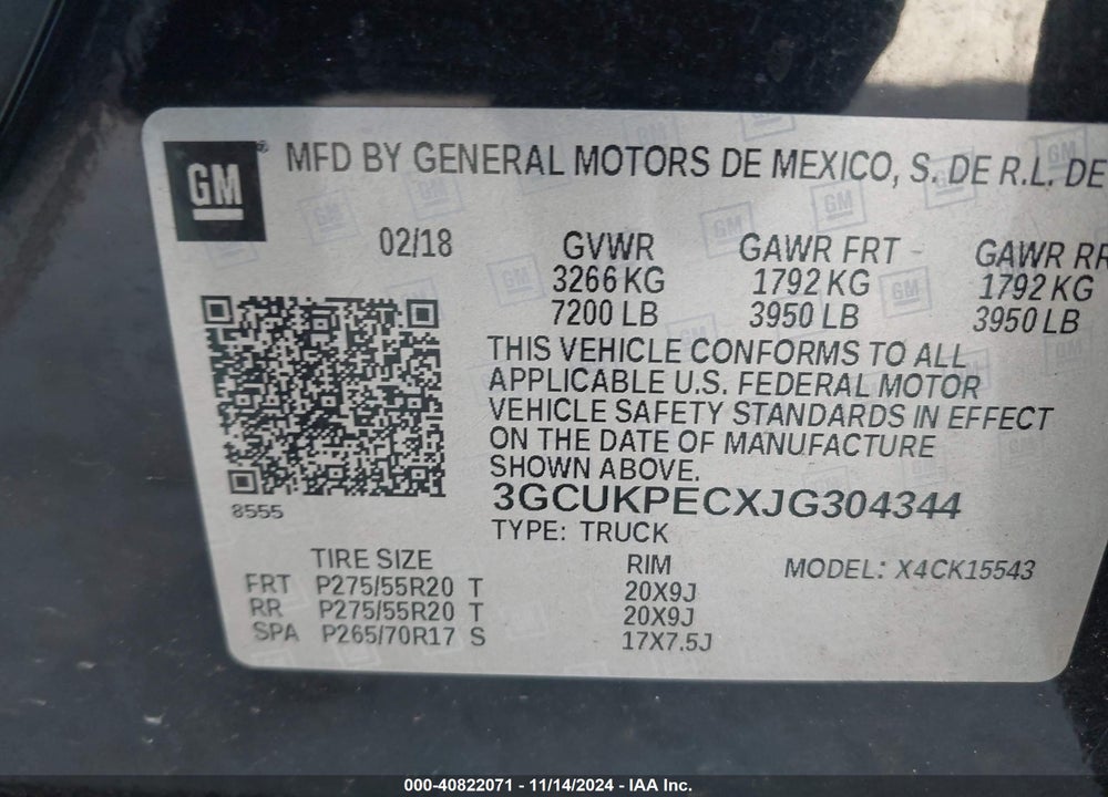 2018 CHEVROLET SILVERADO 1500 CUSTOM VIN: 3GCUKPECXJG304344