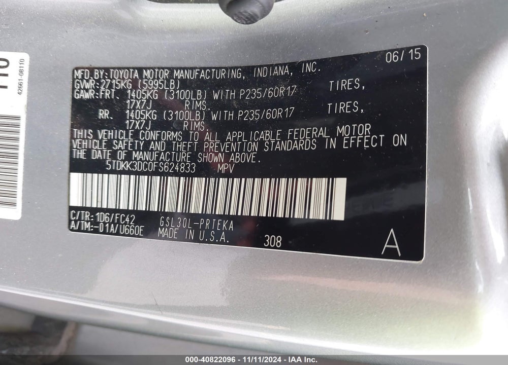 2015 TOYOTA SIENNA LE 8 PASSENGER VIN: 5TDKK3DC0FS624833