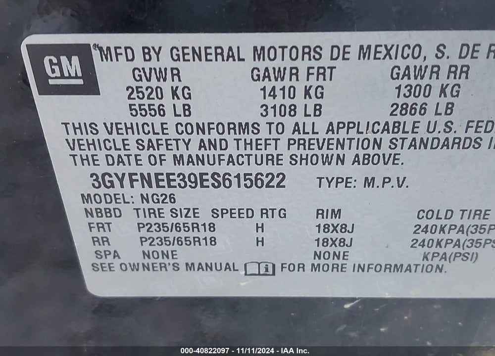2014 CADILLAC SRX LUXURY COLLECTION VIN: 3GYFNEE39ES615622