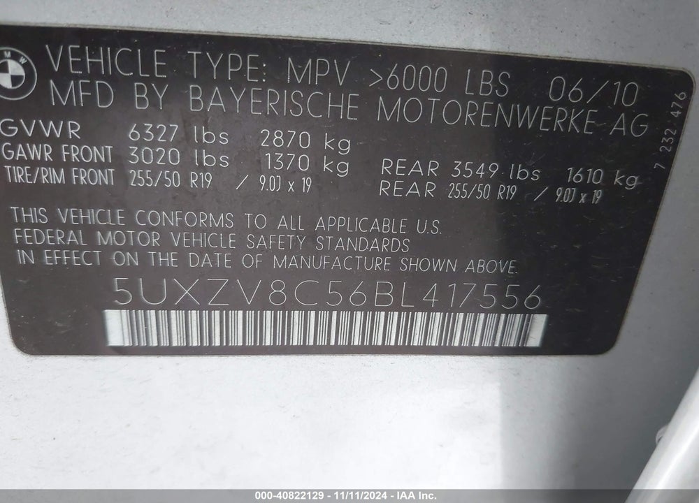 2011 BMW X5 XDRIVE50I VIN: 5UXZV8C56BL417556