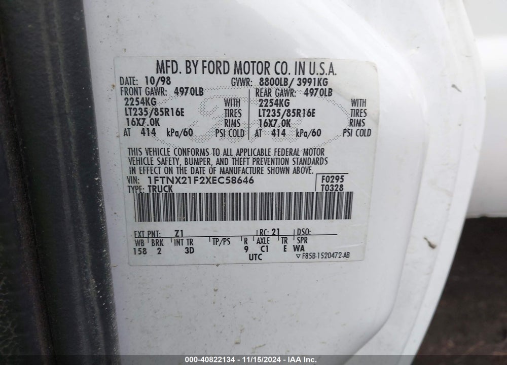 1999 FORD F-250 LARIAT/XL/XLT VIN: 1FTNX21F2XEC58646
