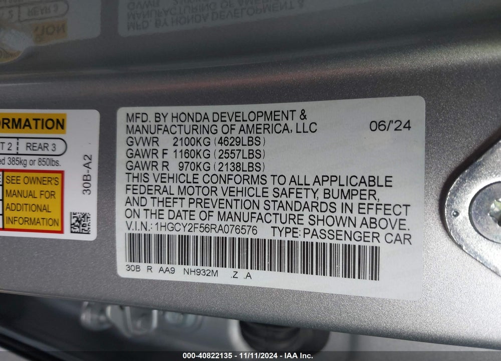 2024 HONDA ACCORD VIN: 1HGCY2F56RA076576