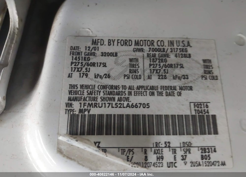 2002 FORD EXPEDITION EDDIE BAUER VIN: 1FMRU17L52LA66705
