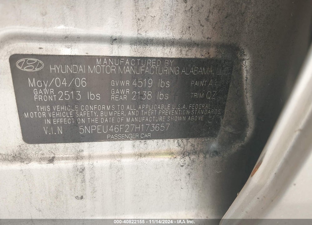 2007 HYUNDAI SONATA LIMITED/SE V6 VIN: 5NPEU46F27H173657