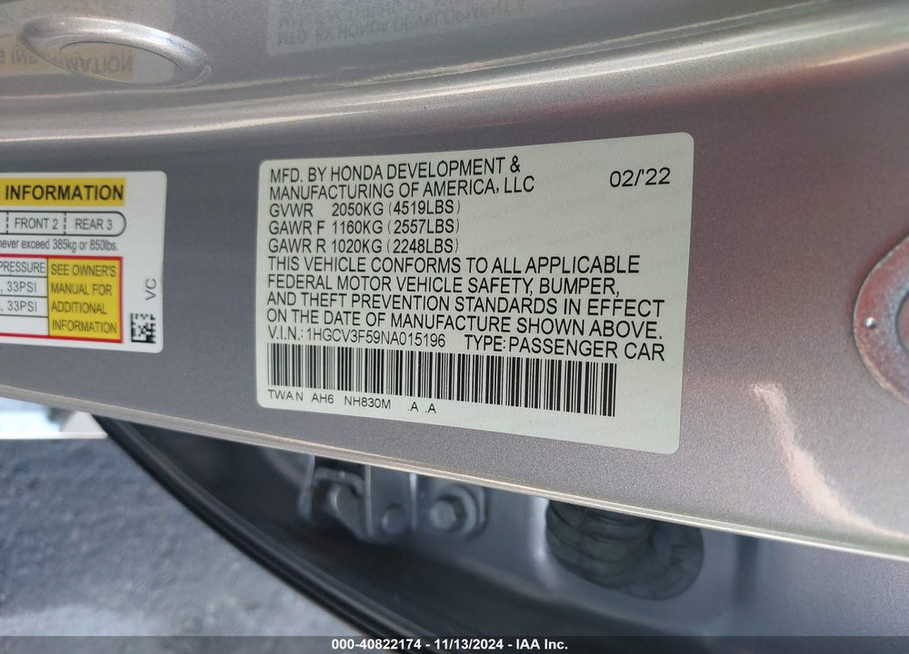 2022 HONDA ACCORD HYBRID EX-L VIN: 1HGCV3F59NA015196