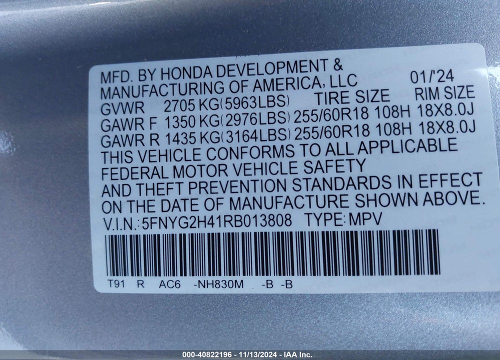 2024 HONDA PILOT EX-L 8-PASSENGER VIN: 5FNYG2H41RB013808