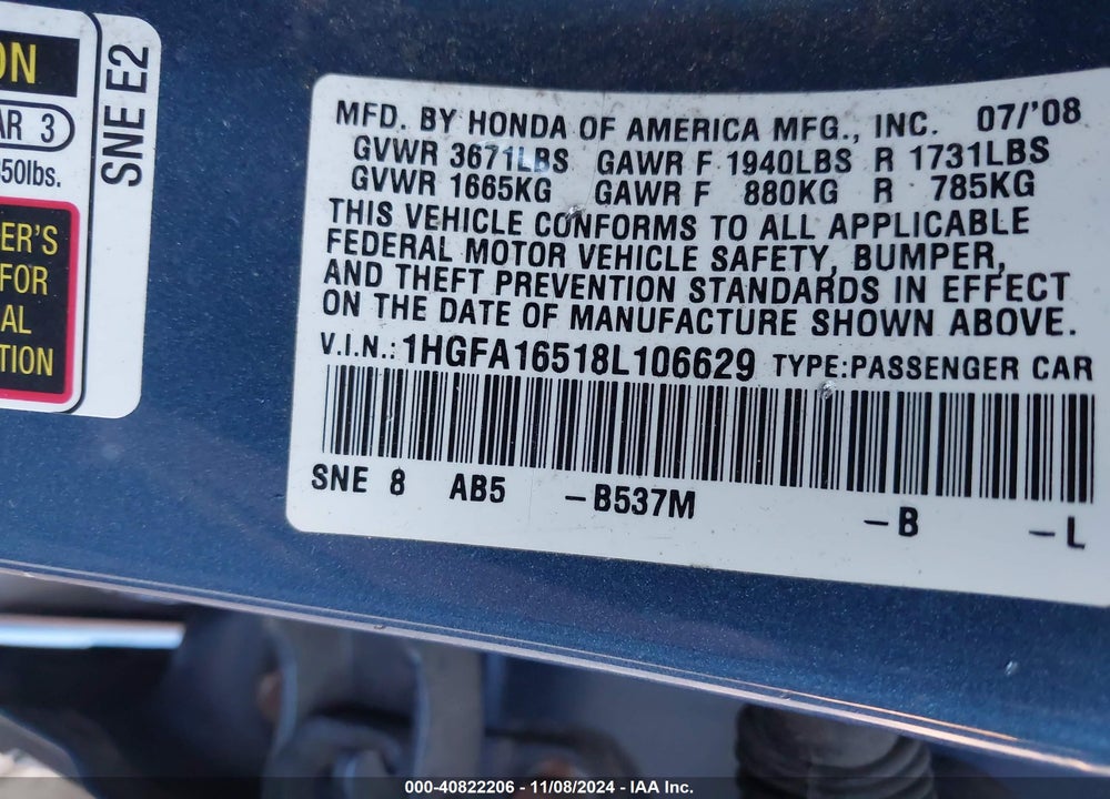 2008 HONDA CIVIC LX VIN: 1HGFA16518L106629