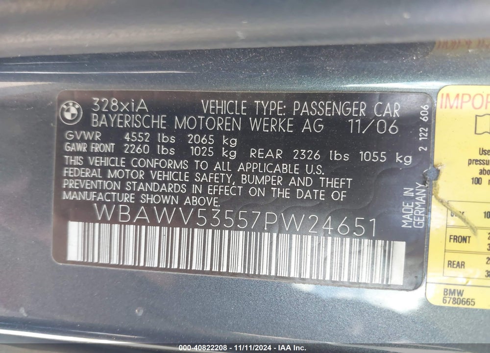 2007 BMW 328XI VIN: WBAWV53557PW24651