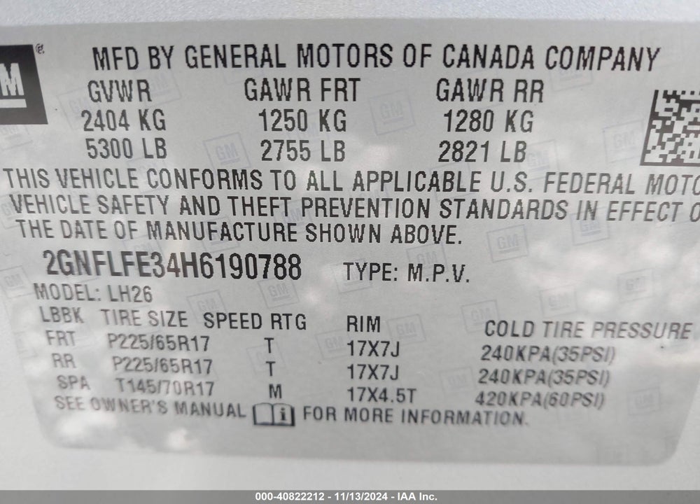 2017 CHEVROLET EQUINOX LT VIN: 2GNFLFE34H6190788