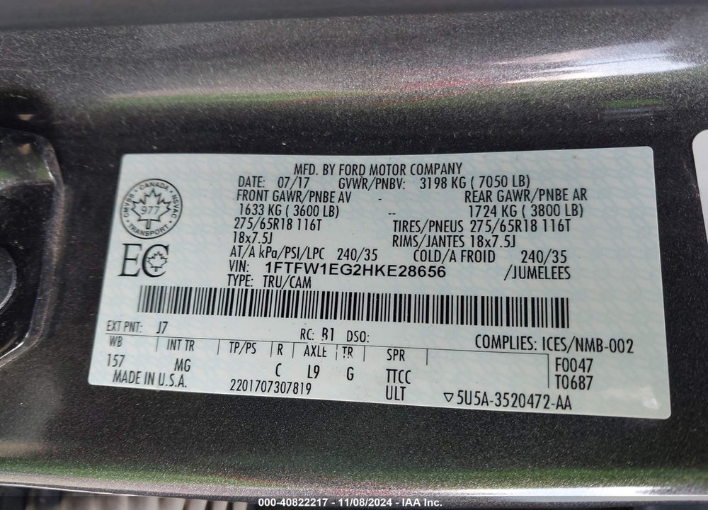 2017 FORD F-150 XLT VIN: 1FTFW1EG2HKE28656