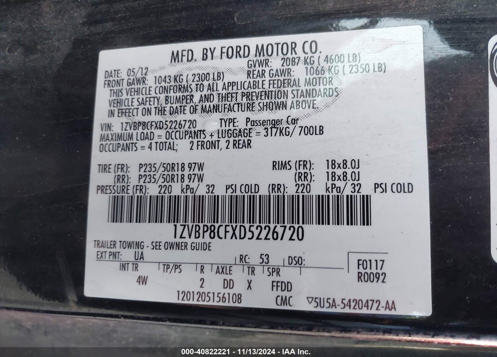 2013 FORD MUSTANG GT PREMIUM VIN: 1ZVBP8CFXD5226720