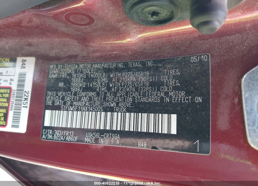 2010 TOYOTA TUNDRA GRADE 5.7L V8 VIN: 5TFUW5F11AX145005