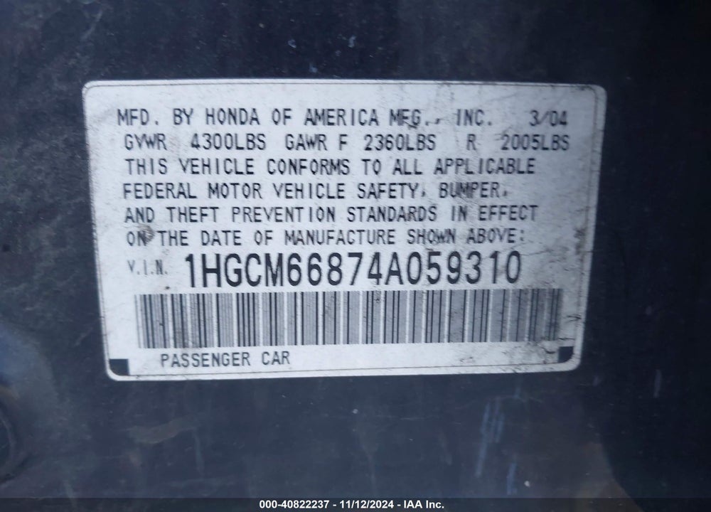 2004 HONDA ACCORD SDN EX VIN: 1HGCM66874A059310