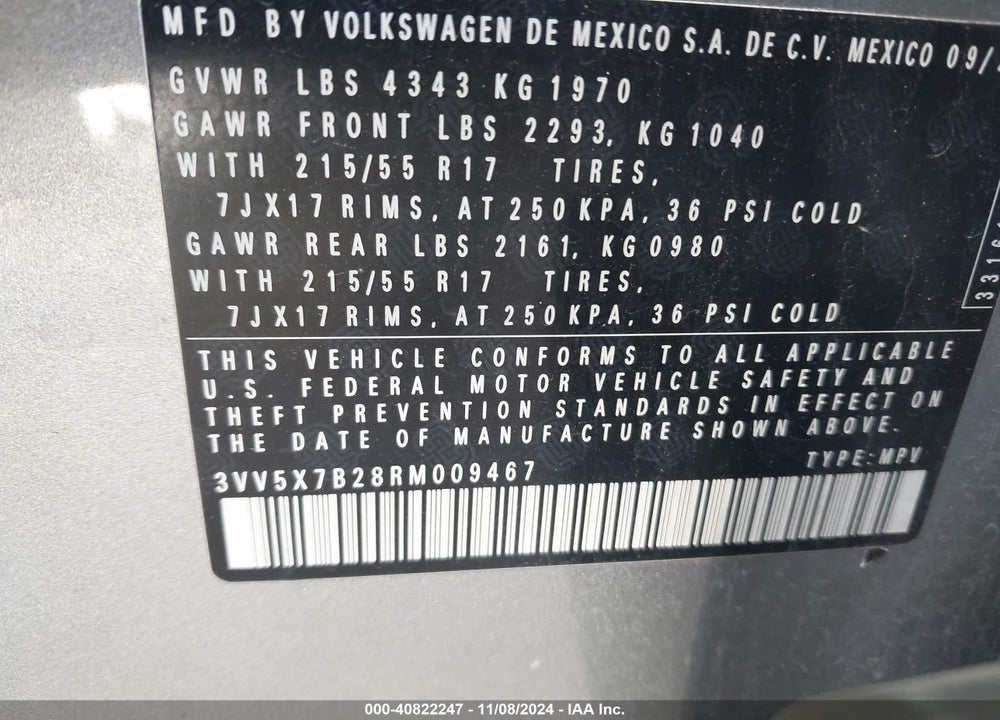 2024 VOLKSWAGEN TAOS 1.5T S VIN: 3VV5X7B28RM009467