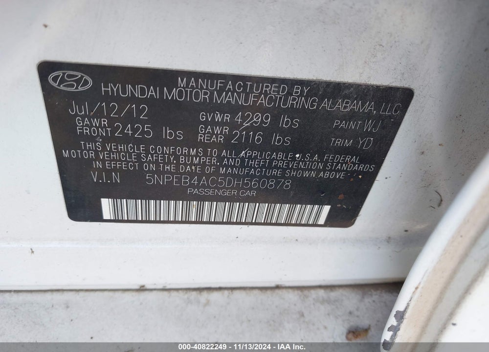 2013 HYUNDAI SONATA GLS VIN: 5NPEB4AC5DH560878