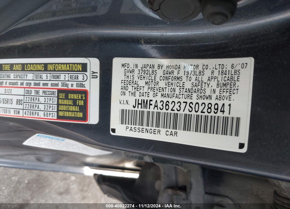 2007 HONDA CIVIC HYBRID VIN: JHMFA36237S028941