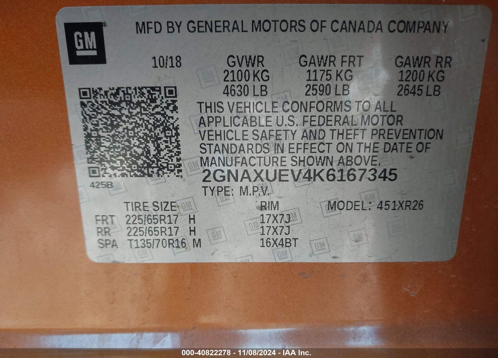 2019 CHEVROLET EQUINOX LT VIN: 2GNAXUEV4K6167345