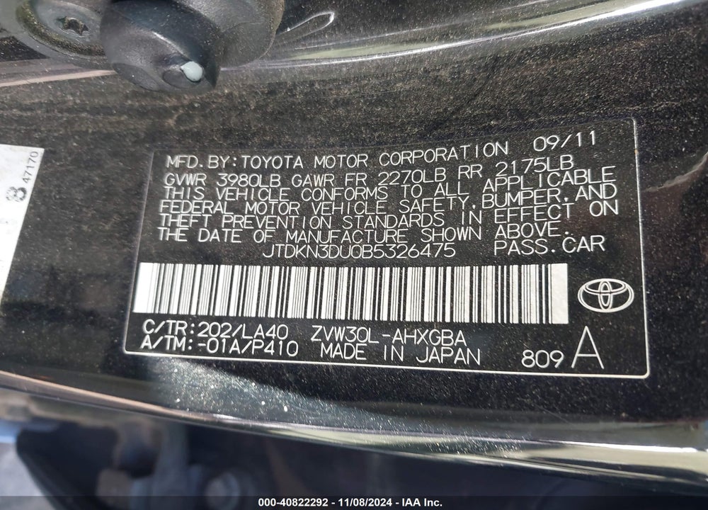 2011 TOYOTA PRIUS VIN: JTDKN3DU0B5326475