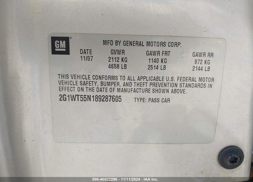 2008 CHEVROLET IMPALA LT VIN: 2G1WT55N189287605