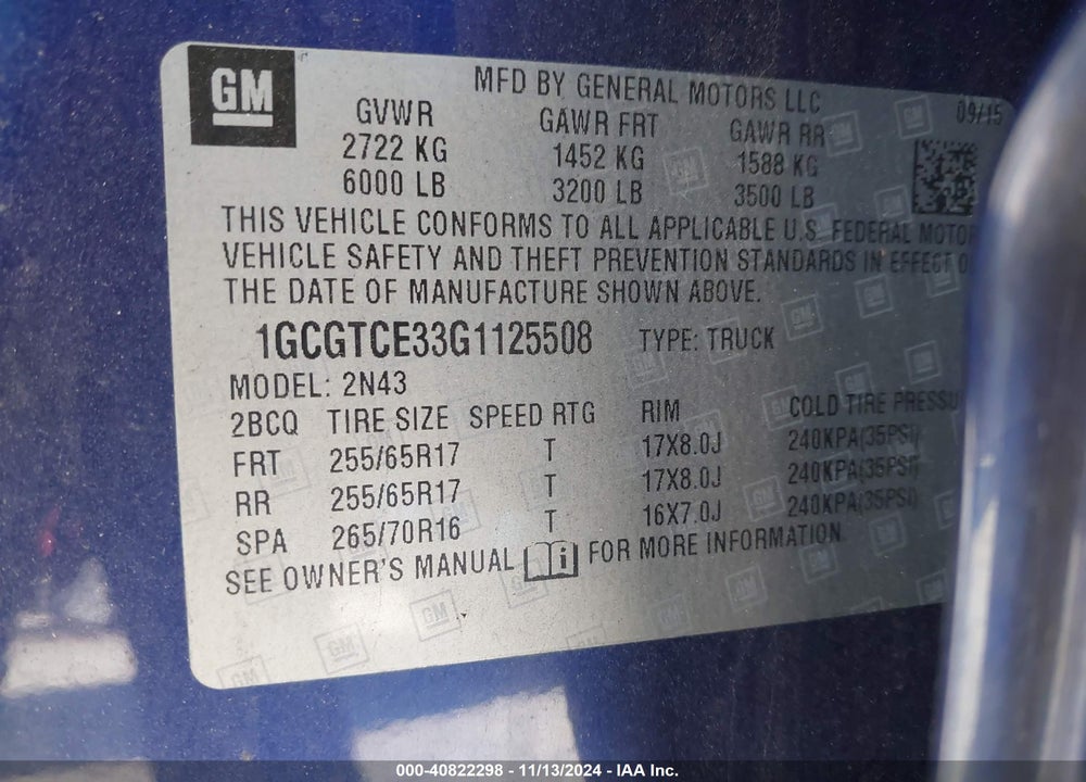 2016 CHEVROLET COLORADO LT VIN: 1GCGTCE33G1125508