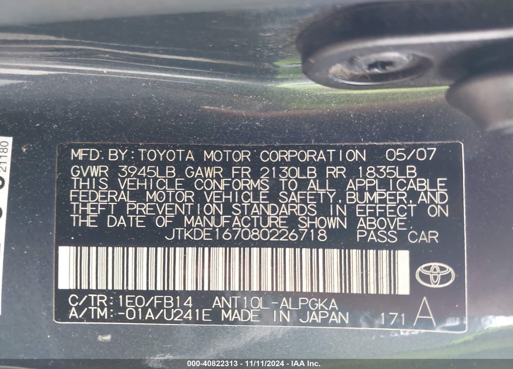 2008 SCION TC VIN: JTKDE167080226718