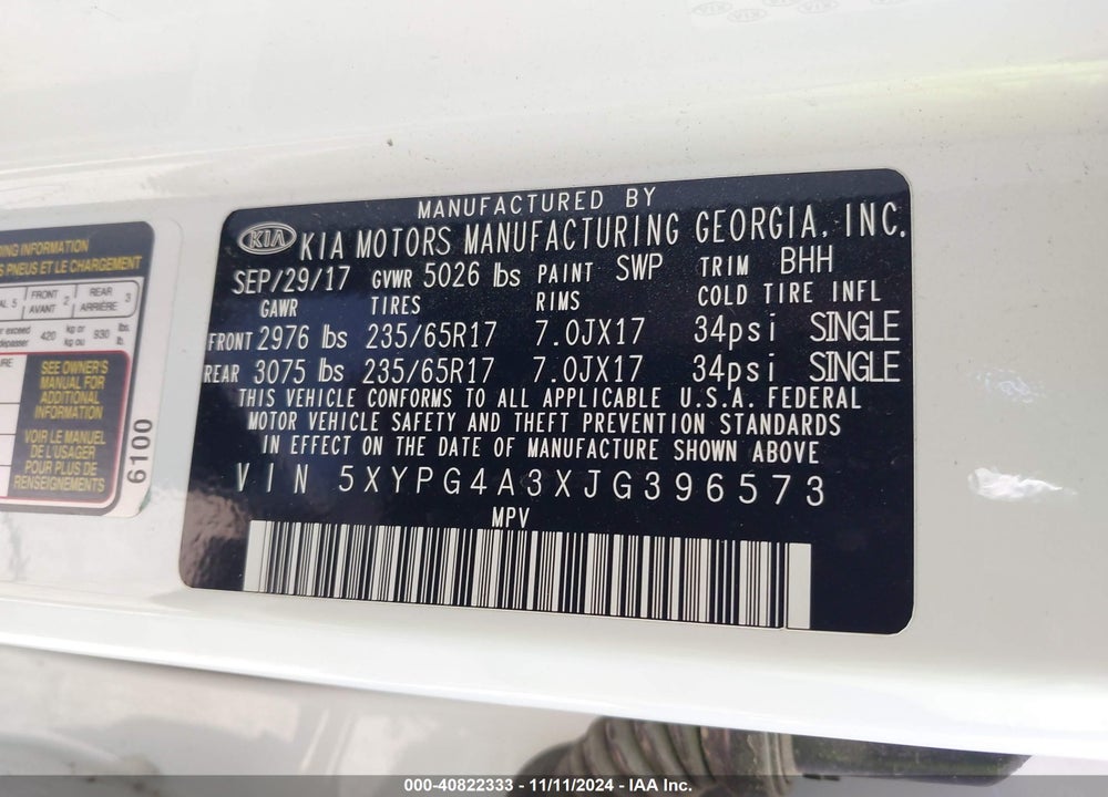 2018 KIA SORENTO 2.4L LX VIN: 5XYPG4A3XJG396573