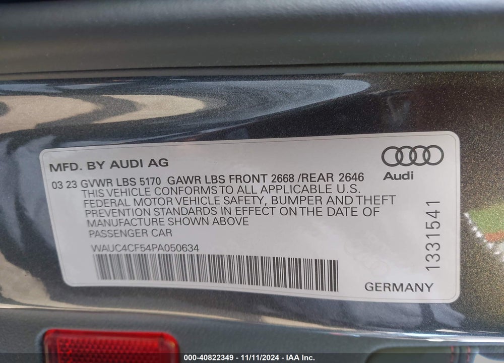 2023 AUDI S5 SPORTBACK PREMIUM PLUS TFSI QUATTRO TIPTRONIC VIN: WAUC4CF54PA050634