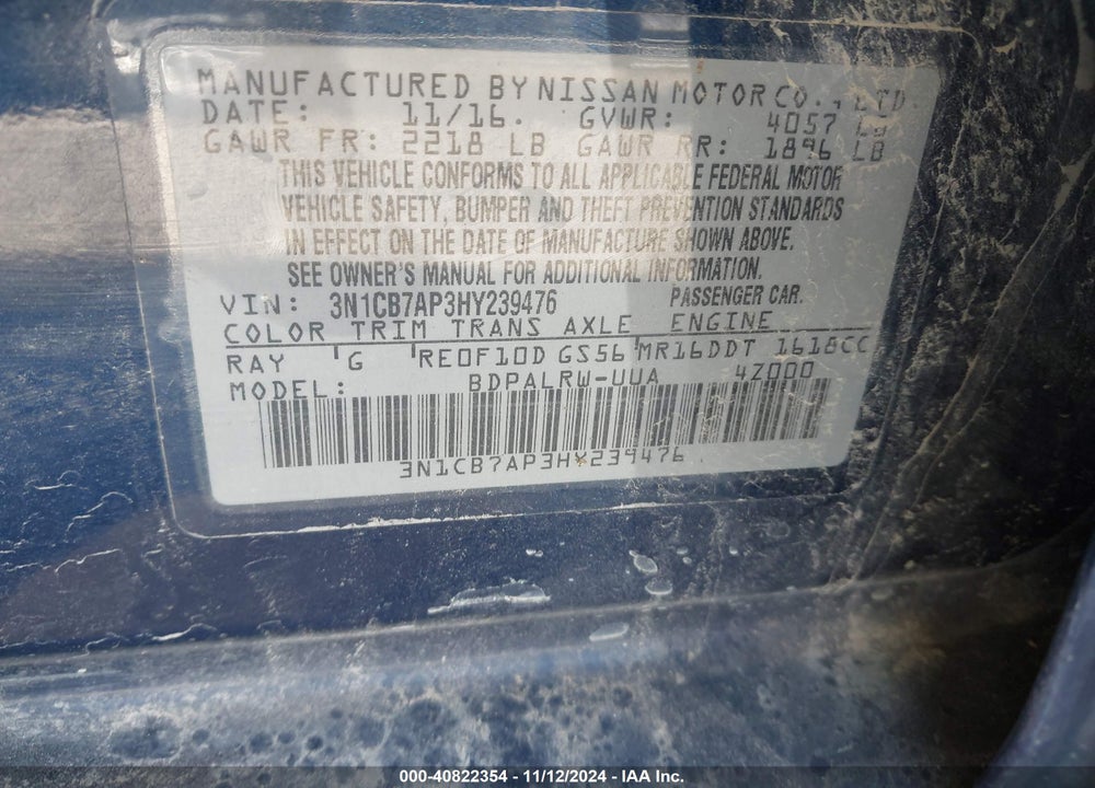 2017 NISSAN SENTRA SR TURBO VIN: 3N1CB7AP3HY239476