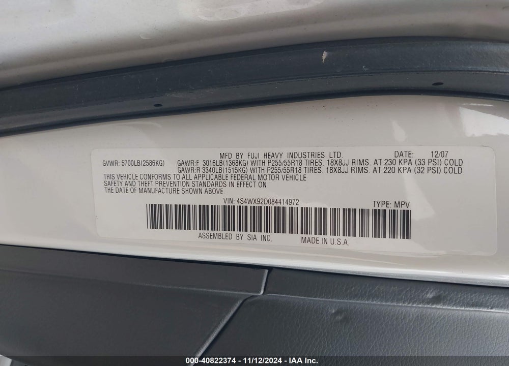 2008 SUBARU TRIBECA LIMITED 5-PASSENGER VIN: 4S4WX92D084414972