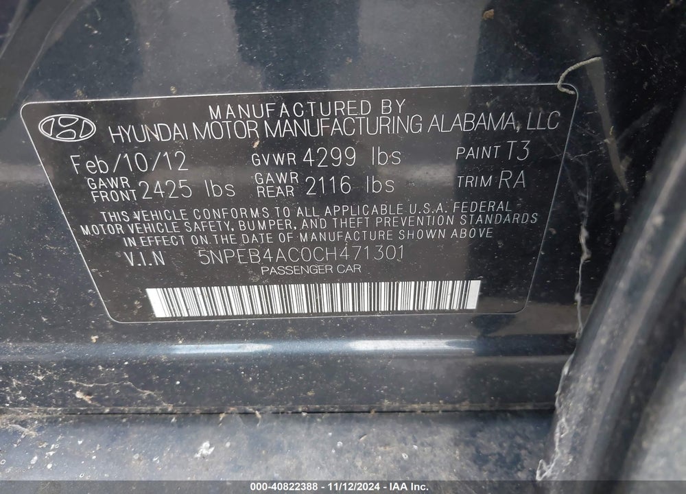 2012 HYUNDAI SONATA GLS VIN: 5NPEB4AC0CH471301