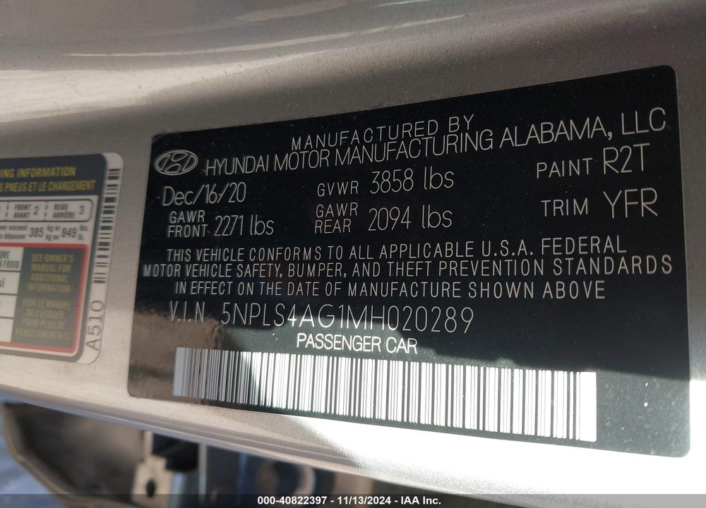 2021 HYUNDAI ELANTRA SEL VIN: 5NPLS4AG1MH020289