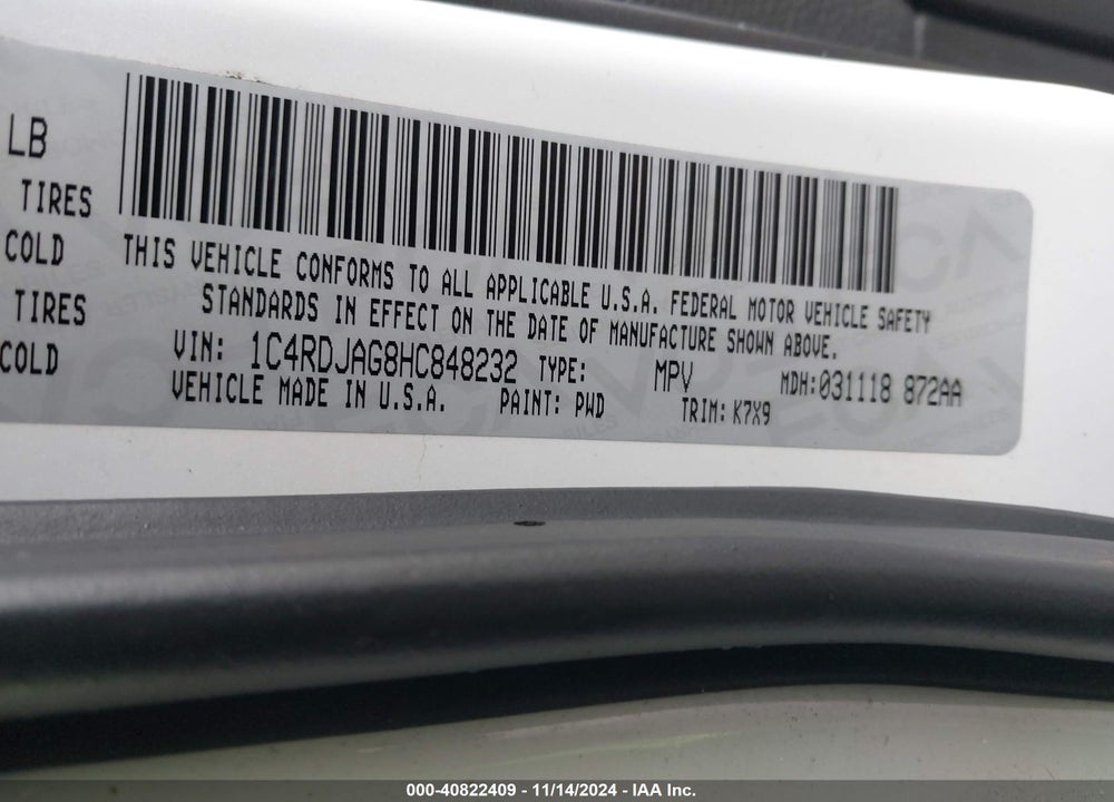 2017 DODGE DURANGO VIN: 1C4RDJAG8HC848232