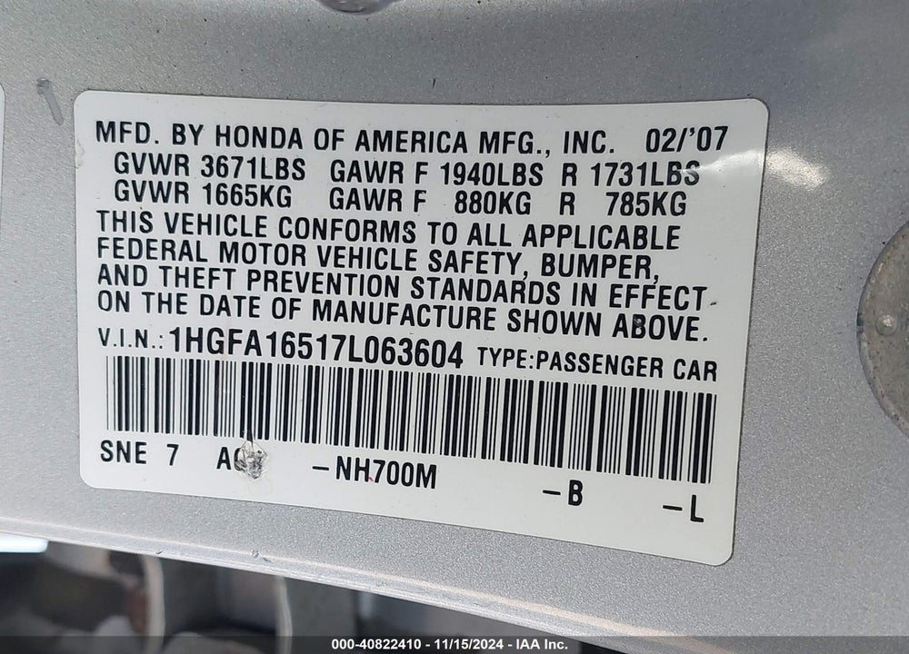2007 HONDA CIVIC LX VIN: 1HGFA16517L063604