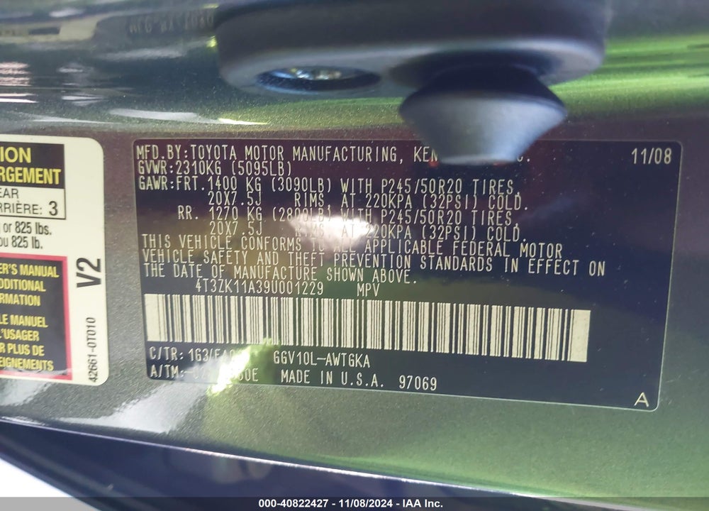 2009 TOYOTA VENZA BASE V6 VIN: 4T3ZK11A39U001229