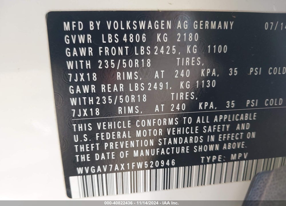 2015 VOLKSWAGEN TIGUAN SEL VIN: WVGAV7AX1FW520946